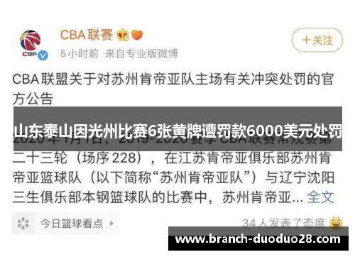山东泰山因光州比赛6张黄牌遭罚款6000美元处罚