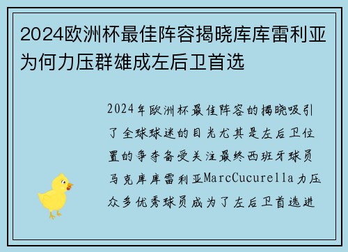 2024欧洲杯最佳阵容揭晓库库雷利亚为何力压群雄成左后卫首选 2024欧洲杯最佳阵容揭晓库库雷利亚为何力压群雄成左后卫首选
